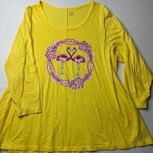 Crown & Ivy Womens Yellow Pink Flamingo‎ Heart Size L 3/4 Quarter Sleeve